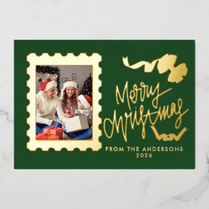 Carte De Vœux En Aluminium Timbre-élégant-avec-feuille-dorée-Joyeux-Noël