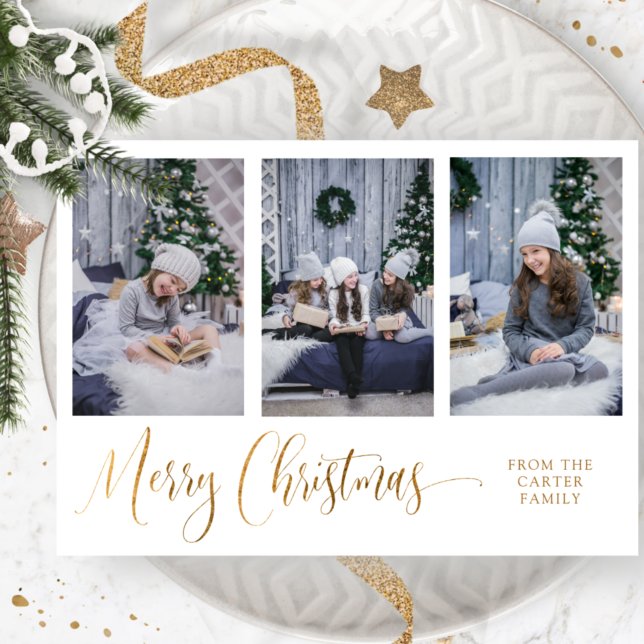 Carte De Vœux En Aluminium Trois Photo, Élégant Joyeux Script de Noël, Réel (Créateur téléchargé)