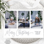 Carte De Vœux En Aluminium Trois photos, Joyeux Joyeux Script de Noël Argent<br><div class="desc">Élégant vrai feuille d'argent, photo collage carte de vacances de Noël avec trois modèles photo pour vous de personnaliser avec vos propres images. Section de texte personnalisée sur le devant pour le nom de famille, le nom ou l'année. Retournez avec la section modèle de texte pour ajouter n'importe quel message...</div>