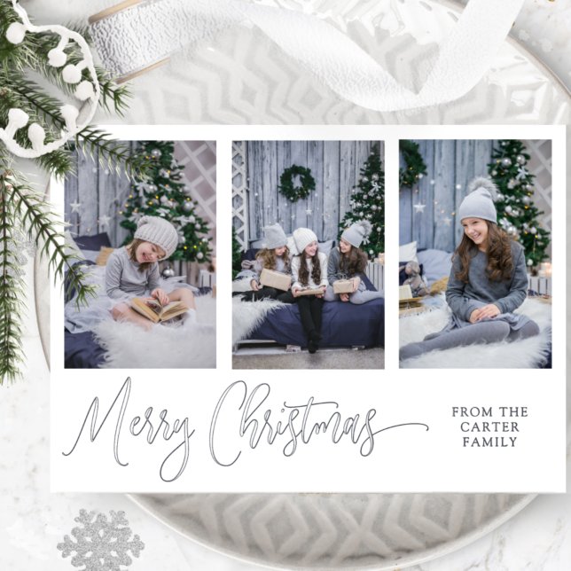 Carte De Vœux En Aluminium Trois photos, Joyeux Joyeux Script de Noël Argent (Créateur téléchargé)