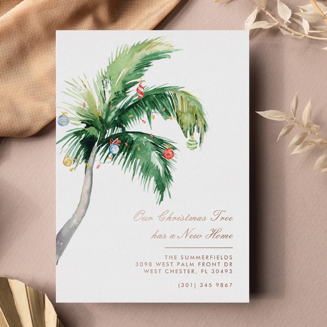 Carte De Vœux En Aluminium Tropical Christmas Palm Tropical Moving Rose Gold (Palm Tree New Year Moving Coastal Announcement Card)