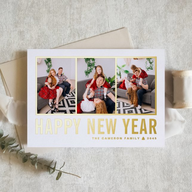 Carte De Vœux En Aluminium Typographie moderne Collage photo Bonne année (Send new year cheer with this customizable gold foil three-photo-collage Happy New Year Card. )