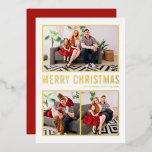 Carte De Vœux En Aluminium Typographie moderne Joyeux Noël Trois photos<br><div class="desc">Joyeux Noël! Envoyez des voeux de Noël à votre famille et à vos amis avec cette carte photo de Noël personnalisable en feuille d'or. Il présente une typographie simple et un arbre de Noël. Les textes sont entièrement personnalisables pour tous les salutations. Cette carte de Noël moderne est disponible en...</div>