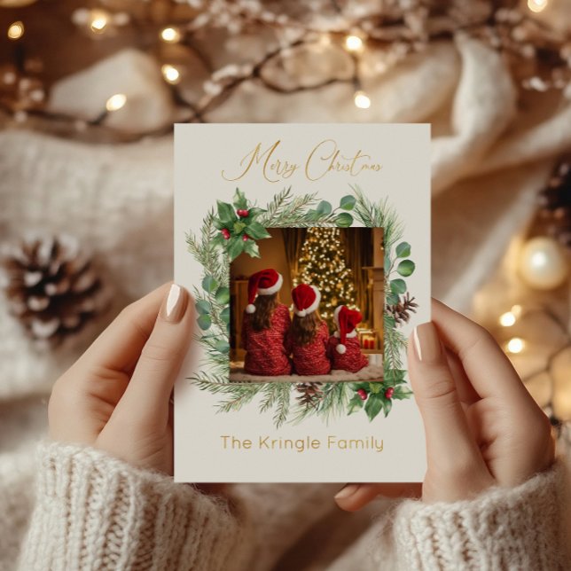 Carte De Vœux En Aluminium Typographie moderne Joyeux Noël Wreath Photo (Créateur téléchargé)