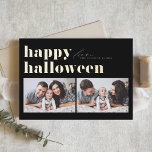 Carte De Vœux En Aluminium Typographie noir rétro Joyeux Halloween deux photo<br><div class="desc">Joyeux Halloween ! Envoyez les salutations d'Halloween à votre famille et à vos amis avec cette photo personnalisable carte d'Halloween. Il présente une typographie rétro et audacieuse. Personnalisez en ajoutant vos détails. Cette carte d'Halloween en feuille d'or est disponible sur d'autres cartes. Des éléments correspondants sont disponibles.</div>