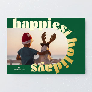Carte De Vœux En Aluminium typographie or gras & photo de Noël ovale verte