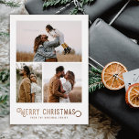 Carte De Vœux En Aluminium Typographie vintage Oranges d'hiver Photo Noël<br><div class="desc">Ce magnifique carte photo de vacances propose une lecture de typographie vintage,  "Joyeux Noël" en papier peint,  ainsi que trois modèles photo. Le dos de la carte contient un design vintage d'oranges d'hiver et de fleurs.</div>