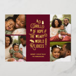 Carte De Vœux En Aluminium Une frisson d'espoir | Photo moderne Collage Noël<br><div class="desc">Ce carte photo de vacances de Noël élégant présente 4 modèles photo et une typographie moderne lisant "A Thrill of Hope, The Weary World Rejoices". Le dos de la carte contient un motif assorti de baies sèches, de feuilles et de sprigs de pin en rouge bordeaux. Facile à personnaliser !...</div>