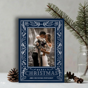 Carte De Vœux En Aluminium Végétation élégante sur photo de Noël bleue argent