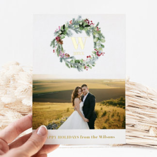 Carte De Vœux En Aluminium Verdure moderne couronne fleurie | Photo Monogramm