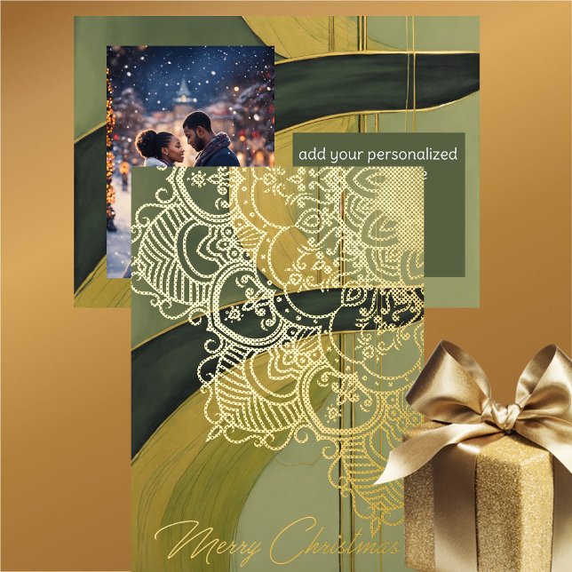 Carte De Vœux En Aluminium Vert or noir élégant Filigree Photo de Noël (Filigree Gold Foil Elegance - Modern Earthy Vibe - Christmas Card)