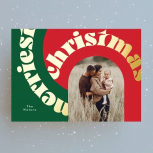 Carte De Vœux En Aluminium vert rouge gras noël or oval une photo