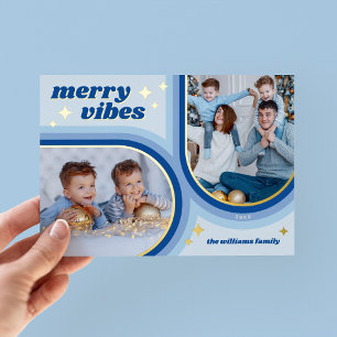 Carte De Vœux En Aluminium Vibrations Joyeuses Photo Rétro Arch Bleu et Or