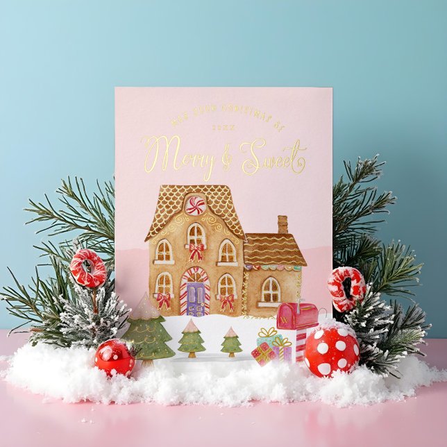 Carte De Vœux En Aluminium Village de bonbons pain d'épices à l'aquarelle Mer (Merry & Sweet Watercolor Gingerbread Candy Village Foil Holiday Card)