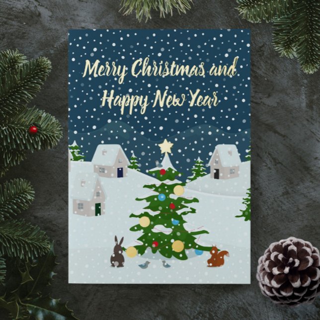 Carte De Vœux En Aluminium Village de neige de Noël avec arbre de Noël (Christmas snow village foil holiday custom card. Personalize it with your photo and text.)