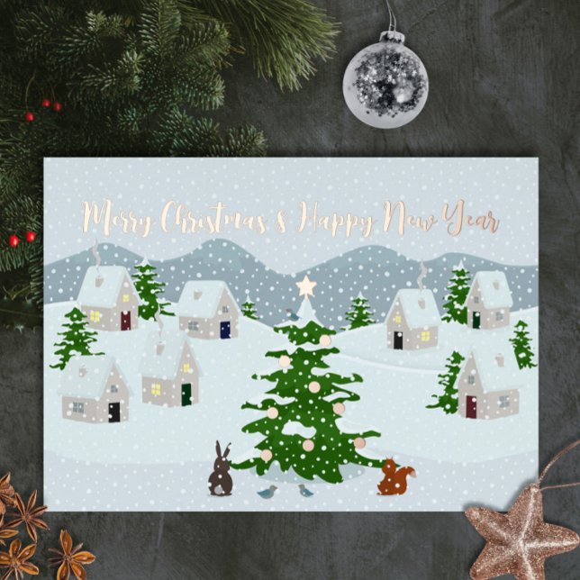 Carte De Vœux En Aluminium Village de Noël avec animaux mignons et neige (Christmas snow village foil holiday custom card. Personalize it with your photo and text.)