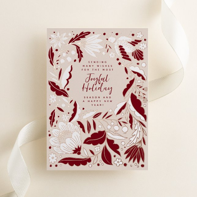 Carte De Vœux En Aluminium Vin Rouge Joyful Holiday Folk Illustration (Folk art style flowers, vines and a peace dove shine on this blush festive non-photo Christmas card)