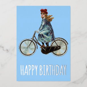 Carte De Vœux En Aluminium Vintage fille à vélo - Anniversaire