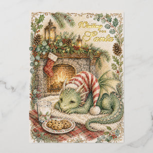 Carte De Vœux En Aluminium Vintage Noël Bébé Dragon Mignon Attendant le Père 