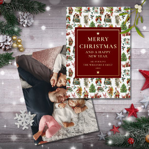 Carte De Vœux En Aluminium Vintage Retro Photo de Noël Bourgogne Or