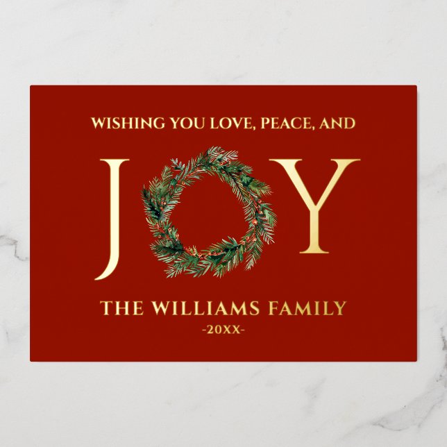 Carte De Vœux En Aluminium Vous souhaite amour paix et joie Noël rouge (Recto)