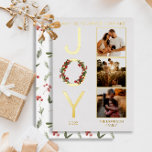 Carte De Vœux En Aluminium Vous souhaiter Paix Amour et Joie 3 Photo Noël<br><div class="desc">Vous souhaiter Paix, Amour et "Joie" Modèle de vacances de Noël avec une couronne superposée sur le "O" dans "Joie" à gauche avec trois photos de votre choix à droite. Ajoutez simplement l'année et le nom de votre famille pour compléter le design. Le dos présente un motif répétitif de verdure...</div>