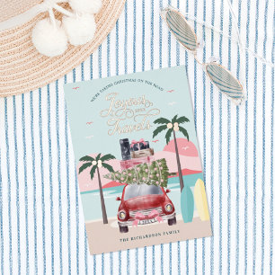 Carte De Vœux En Aluminium Voyages Joyeux Tropical Road Trip Pink Retro Car