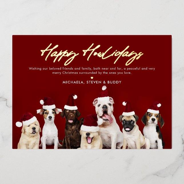 Carte De Vœux En Aluminium VRAI FOIL Gold Happy Howlidays de mignons Chiens d (Recto)