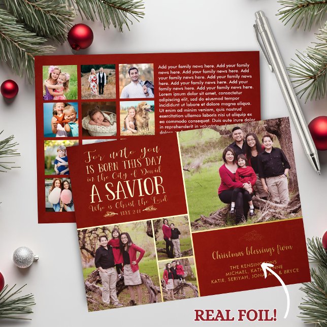 Carte De Vœux En Aluminium VRAI Foil Red Christian Christmas Photo Collage (REAL Foil Red Christian Christmas Photo Collage Foil Holiday Card)
