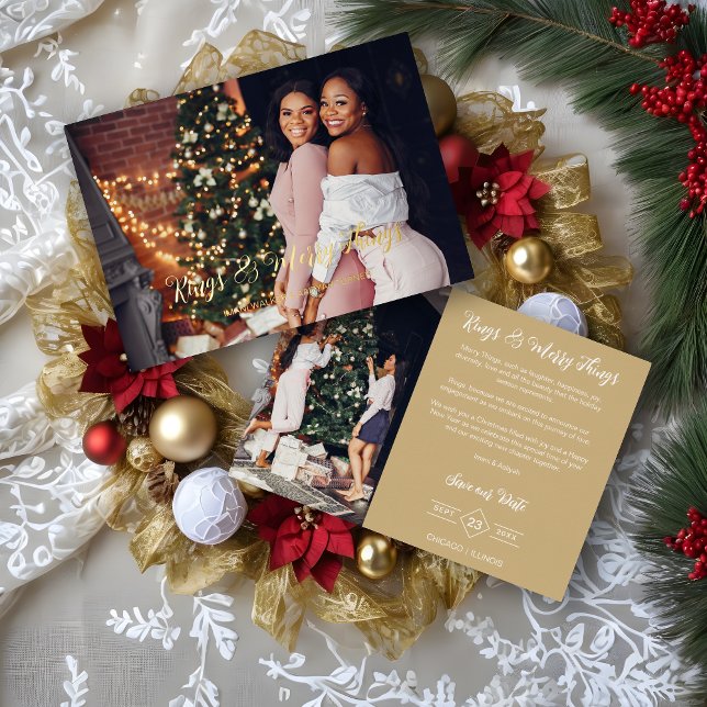 Carte De Vœux En Aluminium Wedding Exclusive Whimsical Golden Script 2 Photos (Whimsical Fake Golden Typography Rings & Merry Things Quote Foil Holidays as a Save the Date.)