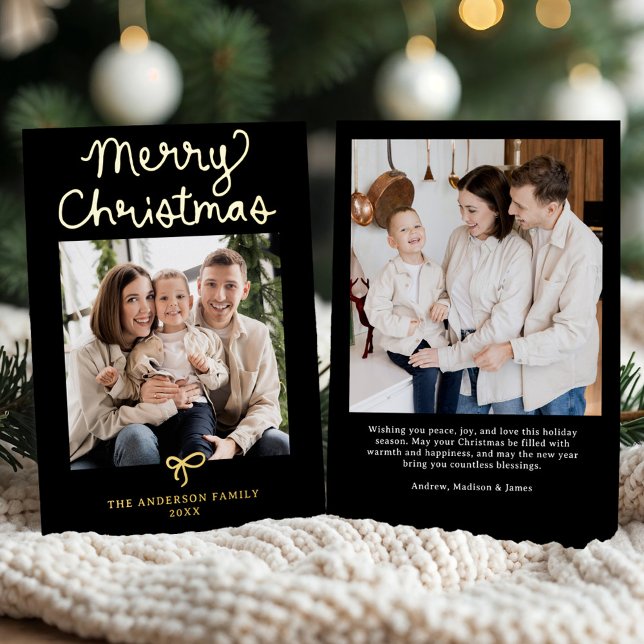 Carte De Vœux En Aluminium Whimsical Script Bow Black Christmas 2 Photo (Créateur téléchargé)