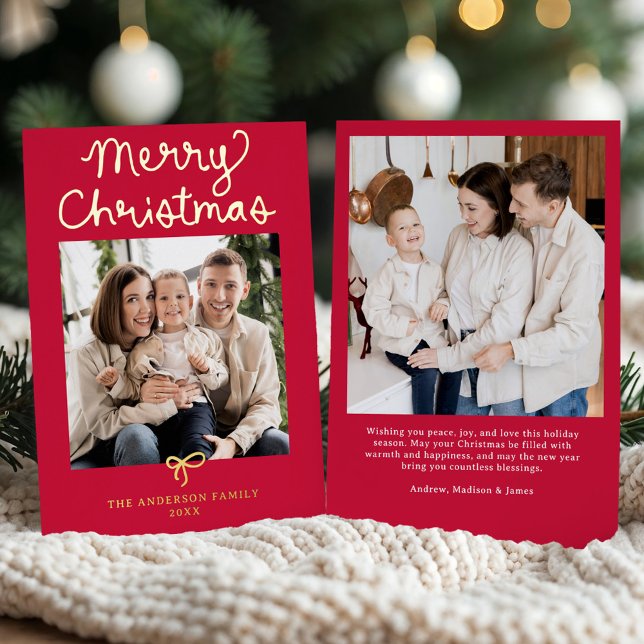 Carte De Vœux En Aluminium Whimsical Script Bow Red Christmas 2 Photo (Créateur téléchargé)