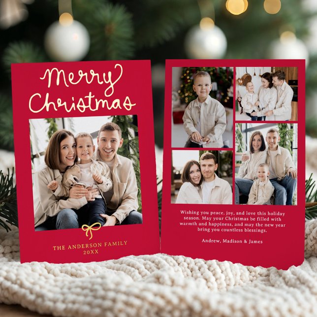 Carte De Vœux En Aluminium Whimsical Script Bow Red Christmas 5 Photo (Créateur téléchargé)