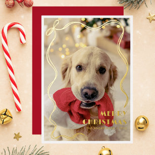 Carte De Vœux En Aluminium Whimssical Golden Ribbon Pet Photo Joyeux Noël