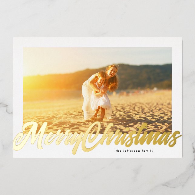 Carte De Vœux En Aluminium White Frame & Gold Merry Christmas Photo (Devant)