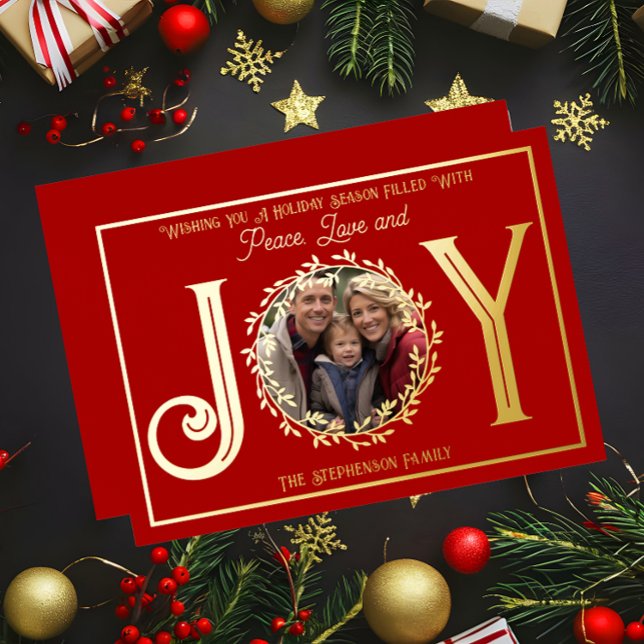Carte De Vœux En Aluminium Wishing You Holiday Season Peace Love and Jove ("Wishing You Peace Love and Joy" Gold Foil Photo Red Christmas Holiday Flat Card -Print Only)