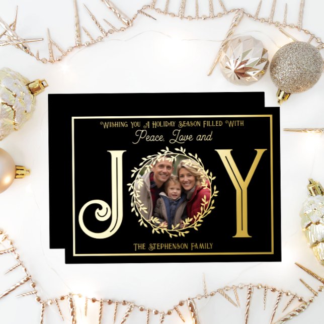 Carte De Vœux En Aluminium Wishing You Holiday Season Peace Love and Jove ("Wishing You A Holiday Season ... Peace Love and Joy" Gold Foil Photo Black Christmas Holiday Card)
