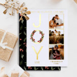 Carte De Vœux En Aluminium Wishing You Peace Love and Jove 3 Photo Noël<br><div class="desc">Wishing You Peace, Love and "Joy" Christmas Design de Noël avec une couronne sur le "O" dans "Joy" à gauche avec trois photos de votre choix à droite. Ajoutez simplement l'année et votre nom de famille pour compléter le design. Le fond est un motif de verdure et de baies de...</div>