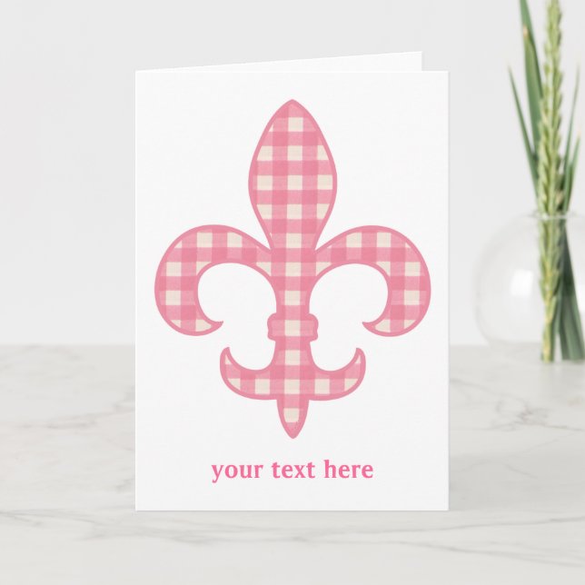 Carte de vœux en gingham rose Fleur de lis (Devant)
