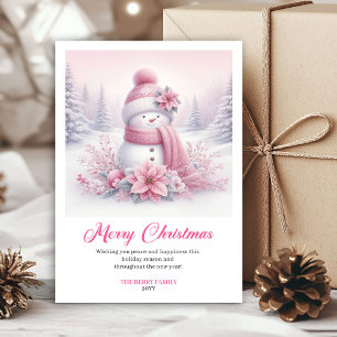 Carte de vœux enfantine bonhomme de neige rose pep
