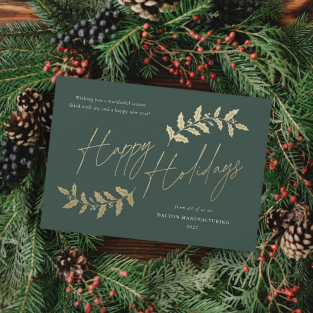 Carte de vœux entreprise Joyeuses Fêtes écriture d (Elegant gold greenery leaves happy holidays green business holiday card.)