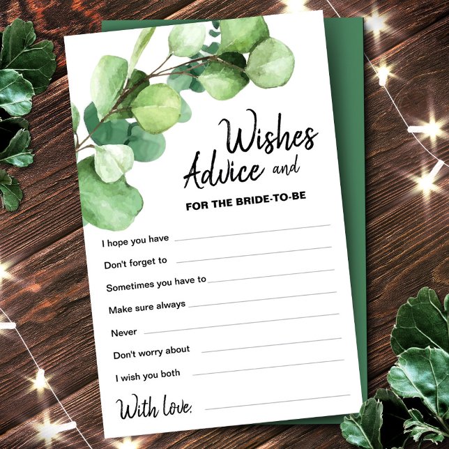 Carte de vœux et de conseils pour la future mariée (Eucalyptus Bride To Be Wishes & Advice Card, Advice For The Bride)