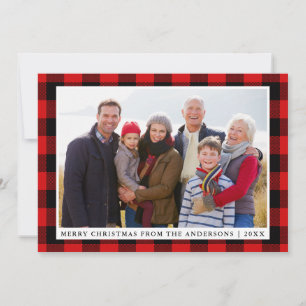 Carte de vœux familiale à carreaux rouges pour Noë