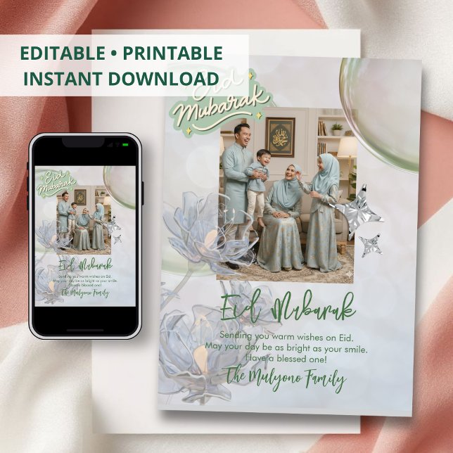 Carte de vœux familiale florale Soft Sage pour Eid (Créateur téléchargé)