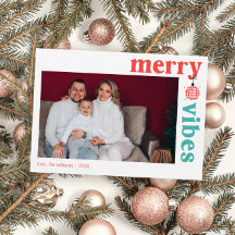 Carte de vœux familiale rétro Merry Vibes pour les