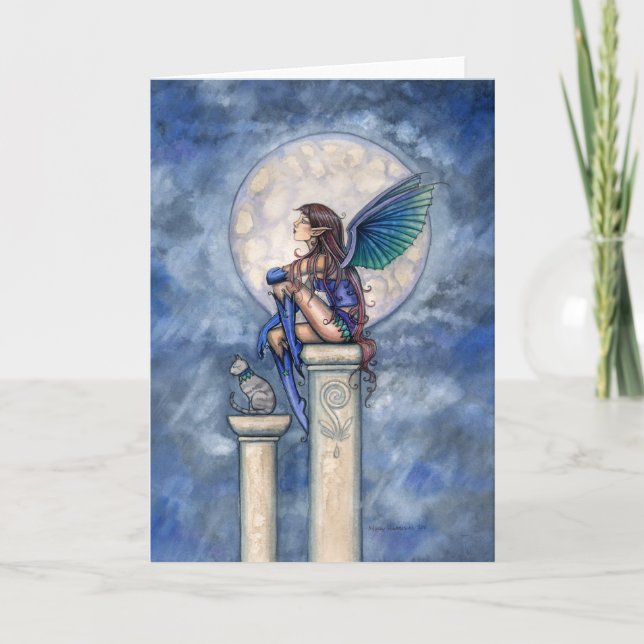Carte de vœux Fée de la Lune Indigo et Chat (Devant)