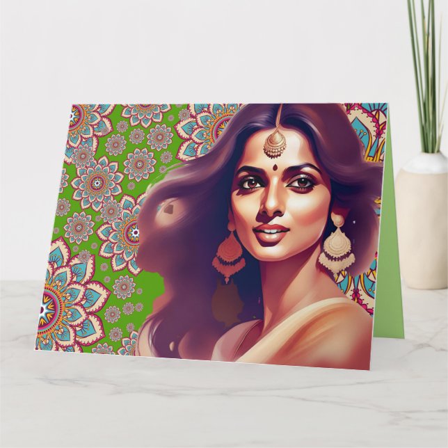 CARTE DE VOEUX FEMME INDIENNE DE L'EST MANDALA COL (Devant)