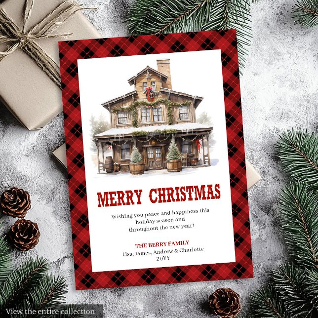 Carte de vœux festive à carreaux rouges de style w (Western Country Red Plaid Holiday Greeting Card)