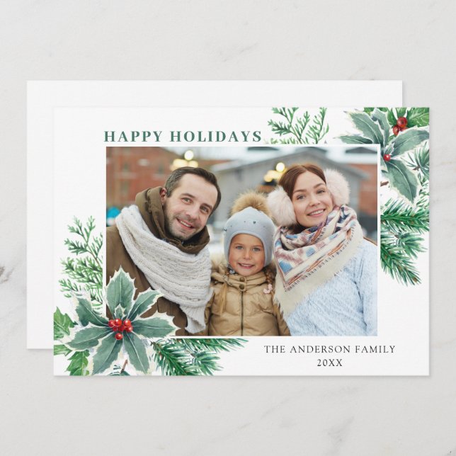 Carte de vœux festive de Noël avec baie de houx (Devant / Derrière)