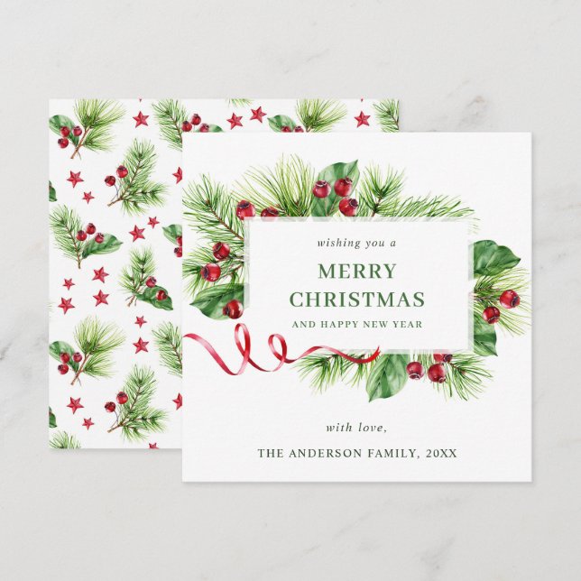 Carte de vœux festive de Noël avec baie de houx (Devant / Derrière)